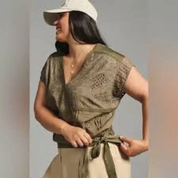Anthropologie Tiny Tatiana Wrap Top Size Large Army Green - Picture 2 of 5